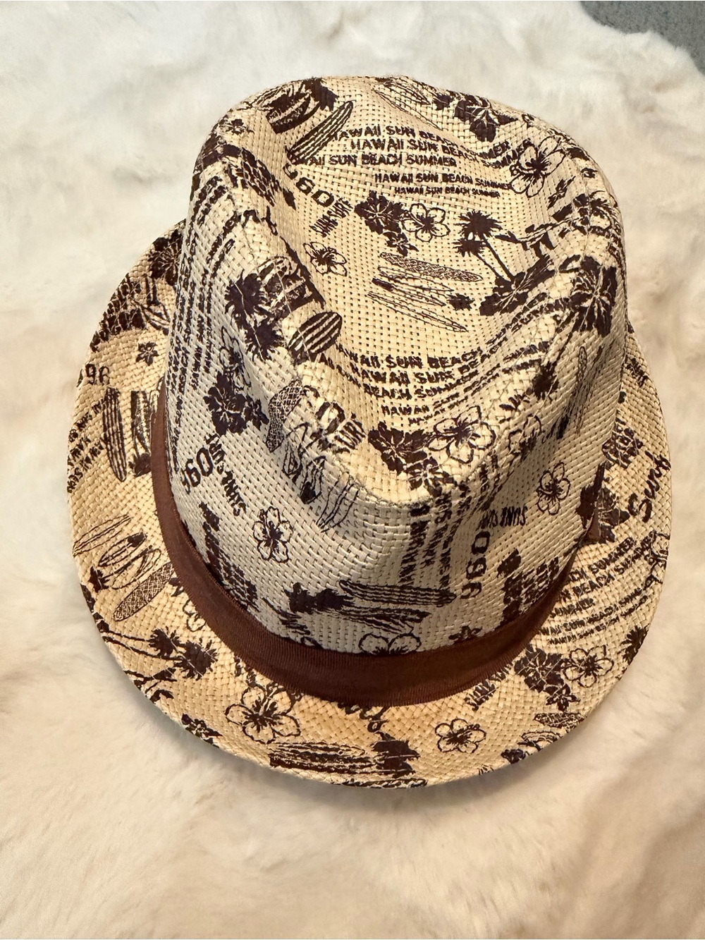 Hawaiian Straw Fedora Hat - Tropical Print with Brown Band
